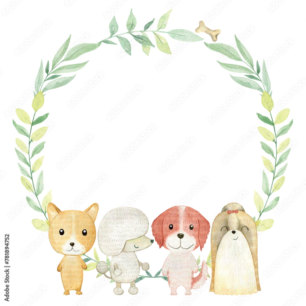 Naklejka premium Baby shower card. Vector watercolor wreath with dogs.