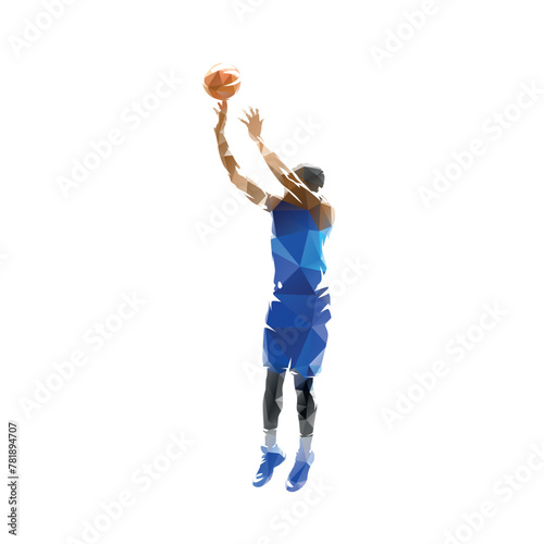 Basketball player shooting ball, jump shot. Isolated low poly vector illustration