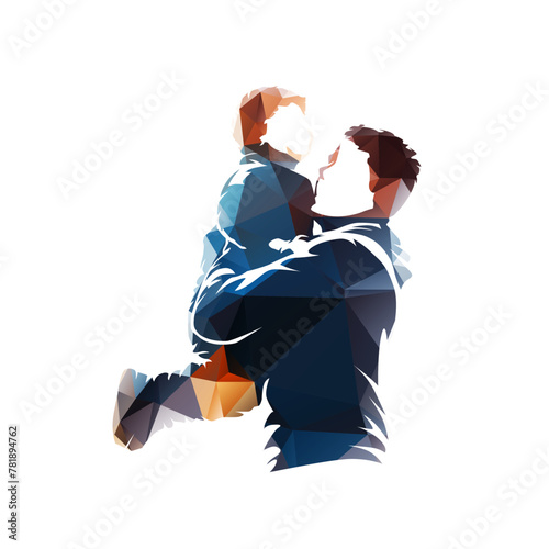 Family, man carries young son in his arms. Fun with dad. Father's Day. Isolated low poly vector illustration