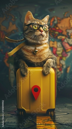 Globetrotter cat with spectacles circular road layout carrying yellow suitcase marked by a red travel pin