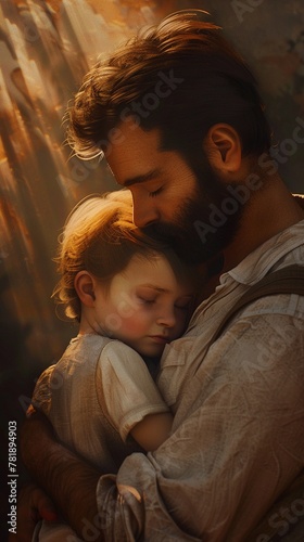 Father and young son in a loving embrace captured in a soothing painted scene