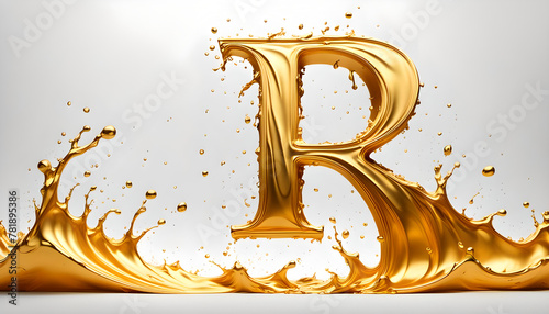goldener großer Buchstabe R umspült von einer dynamisch bewegten Welle aus flüssigem Gold Spritzer, edel und leuchtend als Hintergrund und Vorlage für Gestaltung  Symbol Logo 3D Metall