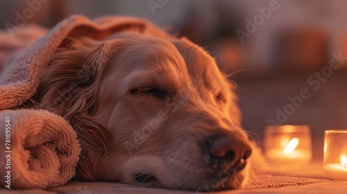 Golden retriever relaxing with candles, suited for wellness and therapeutic animal content. photo