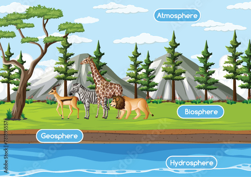 Vector illustration of animals with labeled Earth spheres