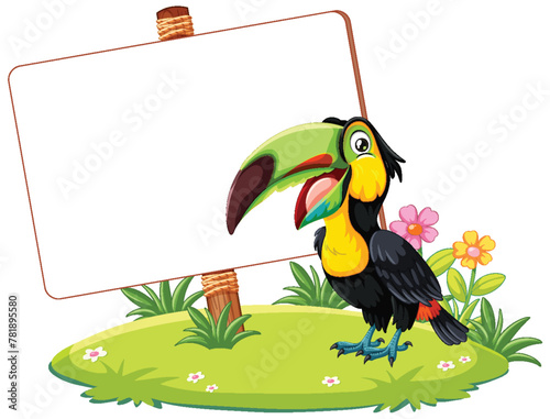 Colorful toucan beside a sign on a grassy patch
