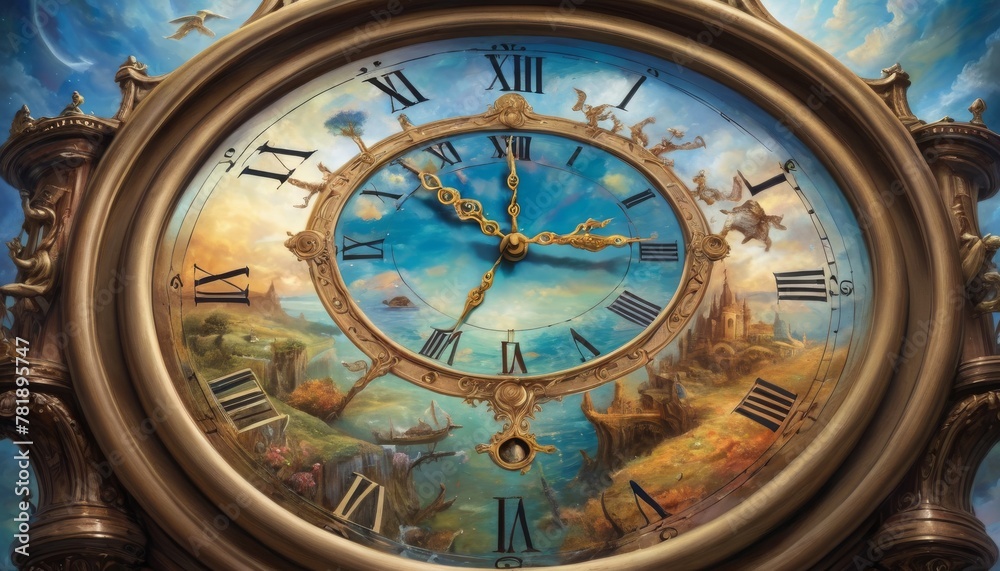 An artistic surreal depiction of time with a clock face melting into a dreamy landscape, blending history and moments seamlessly.. AI Generation An artistic surreal depiction of time with a clock face melting into a dreamy landscape, blending history and moments seamlessly.. AI Generation