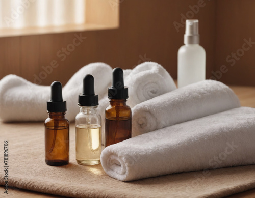 Spa Concept with Essential Oils and Towels on Wooden Surface