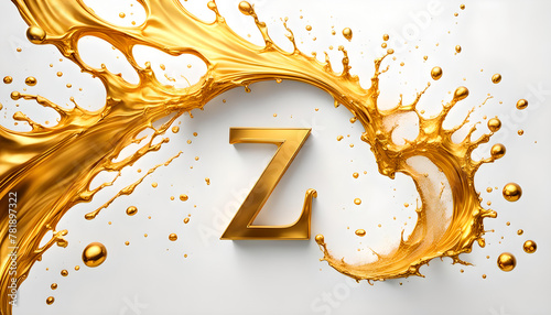goldener Buchstabe Z umspült von einer dynamisch bewegten Welle aus flüssigem Gold edel und leuchtend als Hintergrund und Vorlage für Gestaltung Symbol Logo 3D Metall