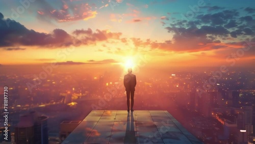 A person standing on a rooftop looking out at the sprawling city lights and the first rays of sunlight breaking through the horizon. photo