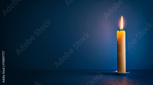 Burning Candle on Midnight Blue Background with Space for Text, copy space, text overlay