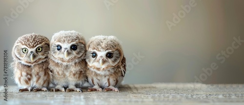 Creative baby owl with friends in studio, focused on art, neutral background, left text space photo