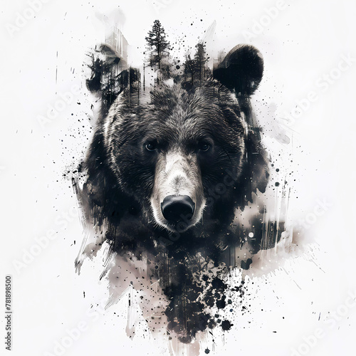 Bear head abstract forest on white background. Generative ai design concept.