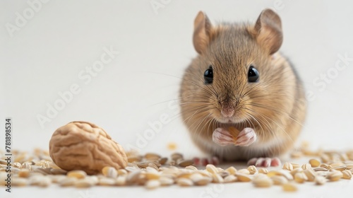 Minimalistic image of a rodent and a grain of rice, depicting curiosity and survival
