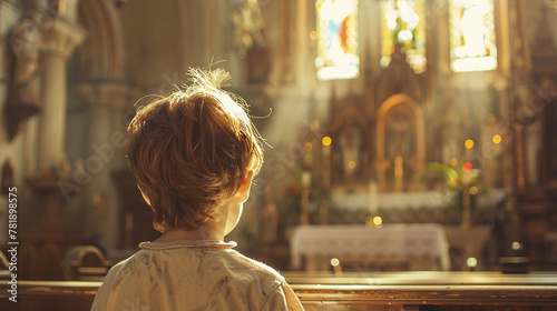 Peaceful church setting, boy reflecting on Holy Saturday, Easter anticipation, top right text space photo