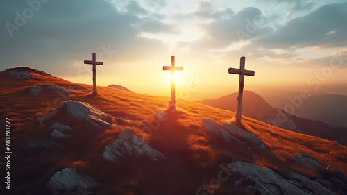 Crosses up on a hill at sunset. Generative ai design concept.