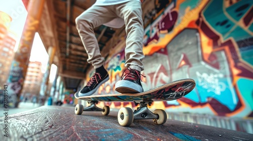 Urban athlete on skateboard performing daring tricks, graffiti setting enhancing vibe