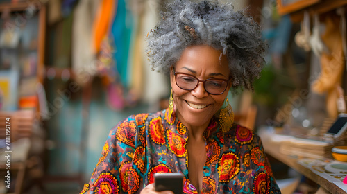 Woman in Glasses Looking at Cell Phone. Generative AI