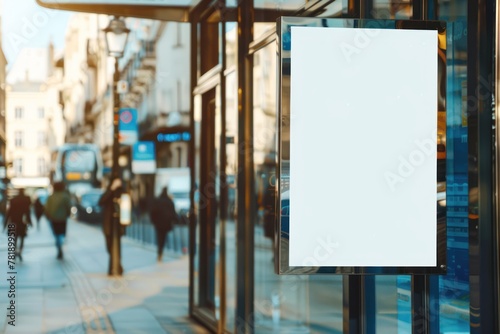A professional mockup featuring a blank white poster attached to the glass of a modern bus stop in the city center, perfect for showcasing advertisements photo