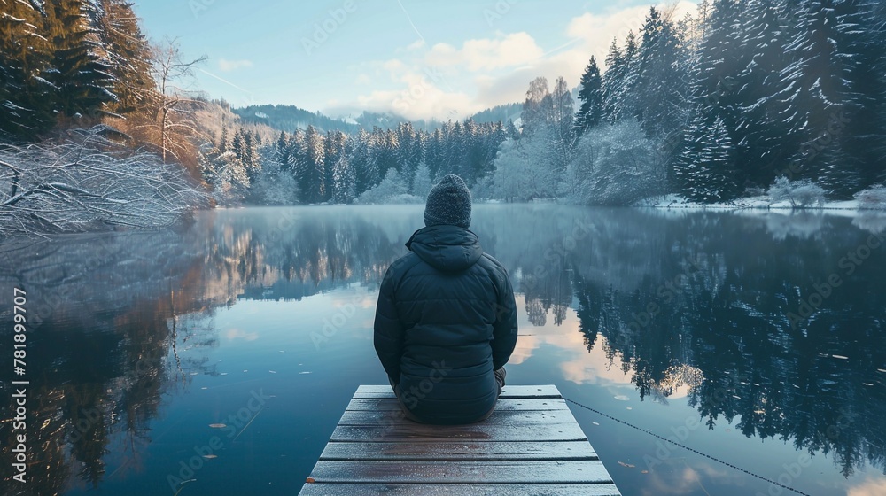 Tranquil Winter Scene: Solitary Man Relaxing on Wooden Deck by the Lake