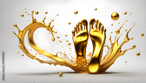 goldene Füße umspült von einer Welle und Spritzern aus flüssigen Gold, Fußsohlen zur gehen stehen bewegen Orthopädie Hintergrund und Vorlage für Fußpflege Hygiene medizinische Therapie Reichtum 