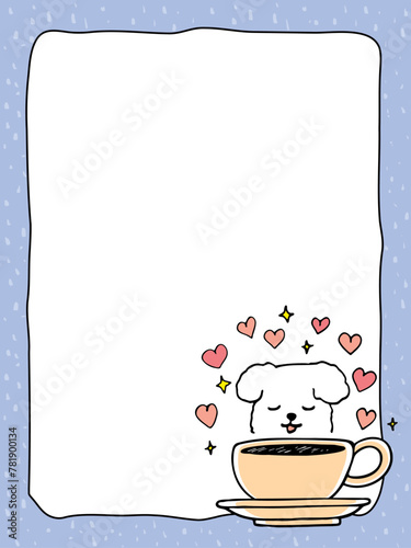 Border background illustration with coffee cup, dog and heart
