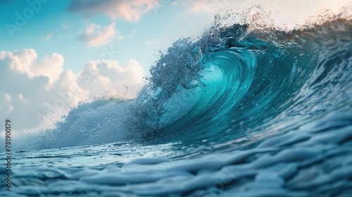 Beautiful blue wave in tropical ocean. Turquoise wave barrel crashing in sea. Close up.Sun ocean wave blue clouds happy splash. waves in the ocean
