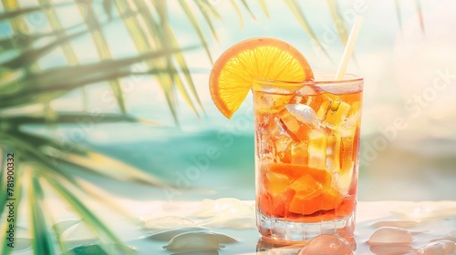 cocktail in a glass with an orange straw or a house stands on a tropical background and attracts customers to buy a soft drink