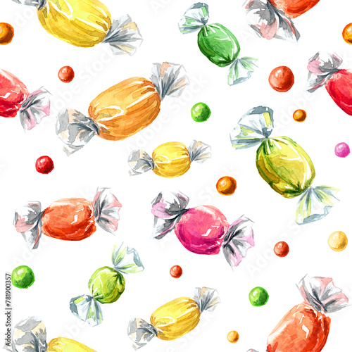Sweet Candies, Hand drawn watercolor seamless pattern isolated on white background