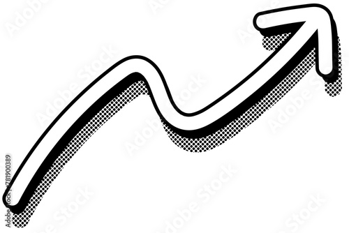 white arrow and black border point up, curve wavy lines with halftone or dots shadow.  transparent background with png.