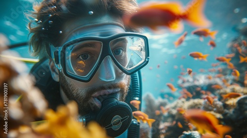 an inspired happy man examines colored orange fish and enjoys the time spent in the underwater world. Diving and snorkeling activities make your vacation unforgettable