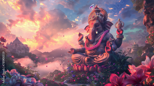 Portrait of Hindu Lord Ganesha goddess statue with fantasy landscape. Ganesha statue sitting on leaves and pink flowers. Fantastic sky fluffy clouds and a magical Ganesha.