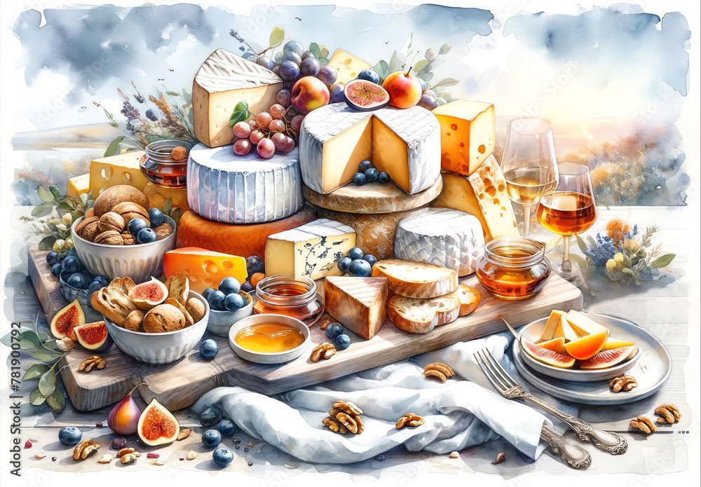 Watercolor Painting of a Grandiose Cheese Board.