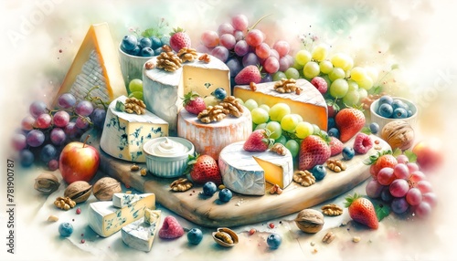 Watercolor Painting of a Cheese, Fruit and Nut Board