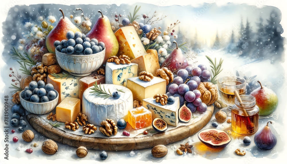 Watercolor Painting of a Winter Cheese Board