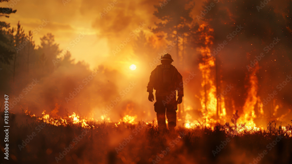 Firefighter on the background of the fire view from the back