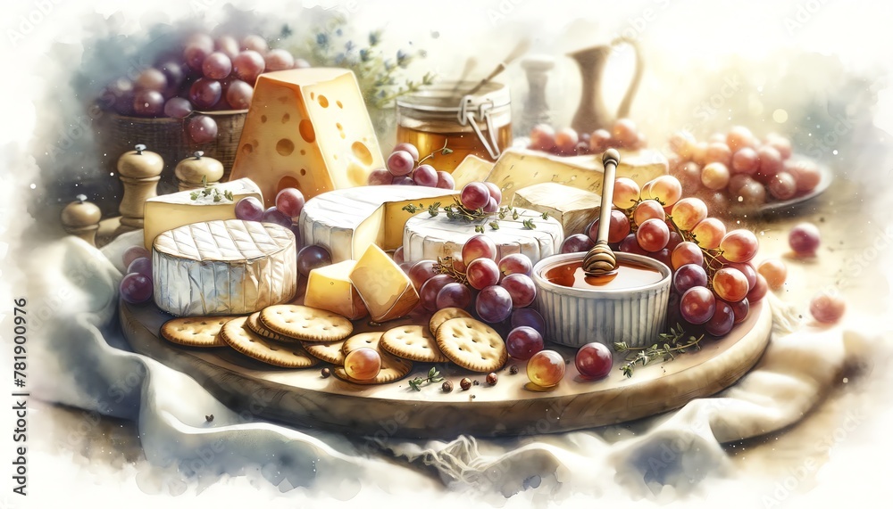 Watercolor Painting of Cheese Plate with Roasted Grapes