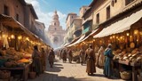 A vivid portrayal of daily life in a historic market, with merchants and shoppers engaged in the bustling trade of exotic goods under warm sunlight.. AI Generation