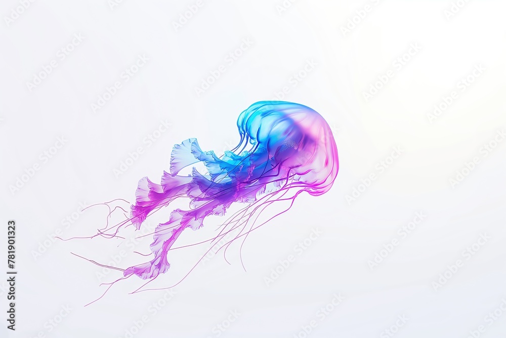 Obraz premium single jellyfish floating in the air, with a purple and blue gradient color on a white background