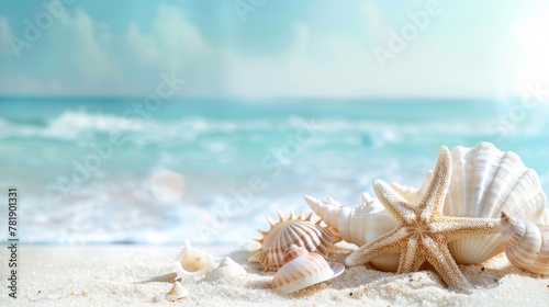 Seashells and starfish on white sand under the bright sun, evoking a sense of summer and tropical vacations. © tashechka