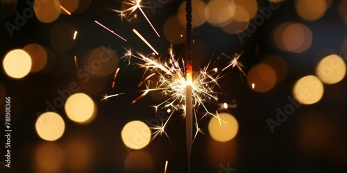 A single sparkler lit up with sparks flying  against a backdrop of warm bokeh lights creating a festive atmosphere.