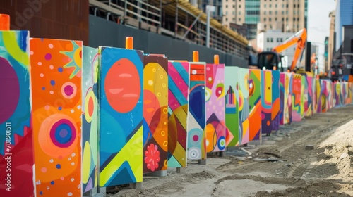 Design a series of temporary murals or graffiti art on construction barriers, transforming the site into a colorful urban canvas  