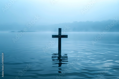 Christ with cross in water submerged in a blue lake. Generative AI
