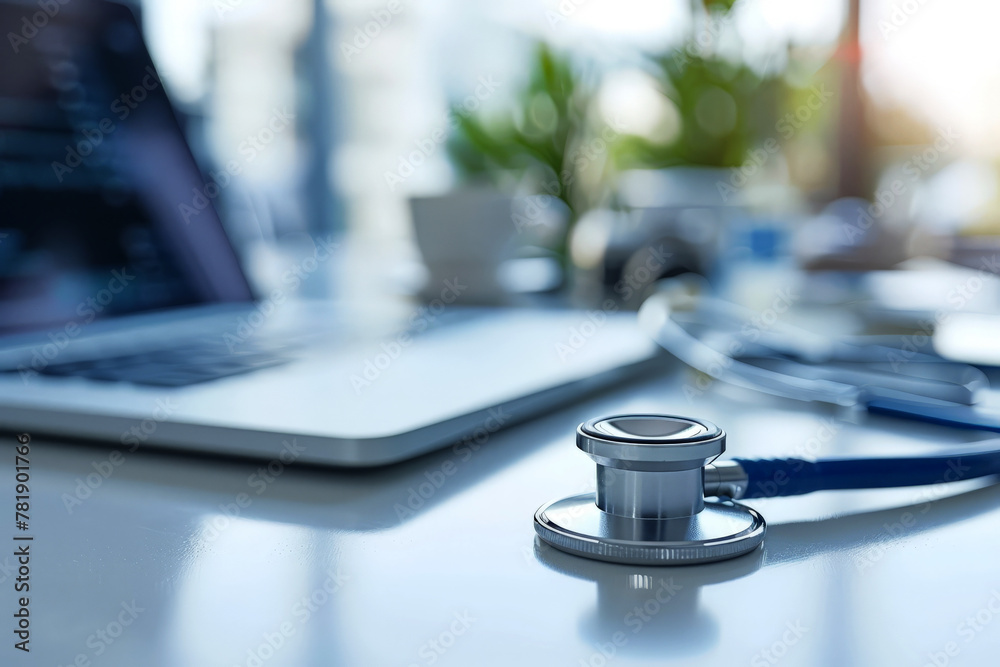 Close up a medical doctor stethoscope on the digital tablet on the table. AI generative