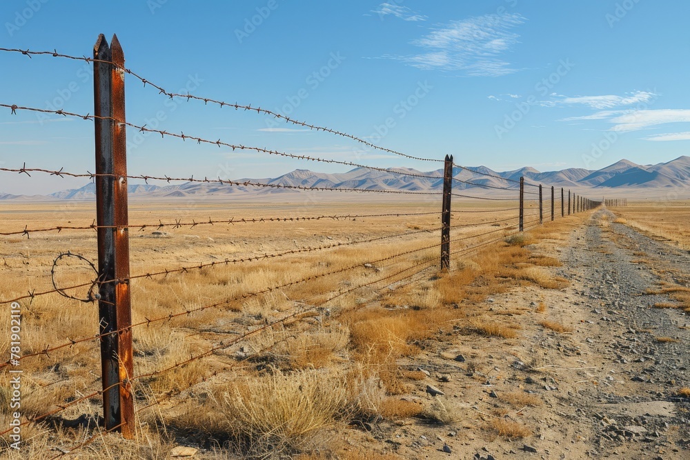 Fototapeta premium A closeup of the barbed wire on top of an outdoor fence symbolizing security and protection Generative AI