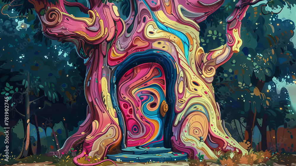 A tree with a colorful door and a colorful trunk