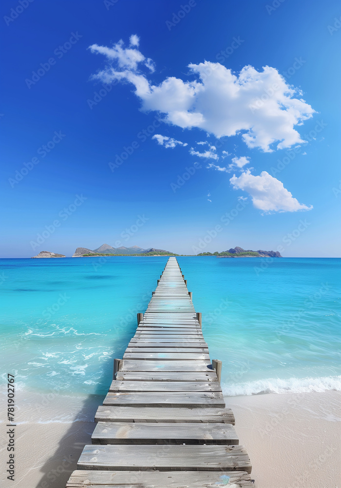 wooden pier on the beach, Suns healing, the beach of Mallorca with turquoise water and pier in Capdepera, Alcudia