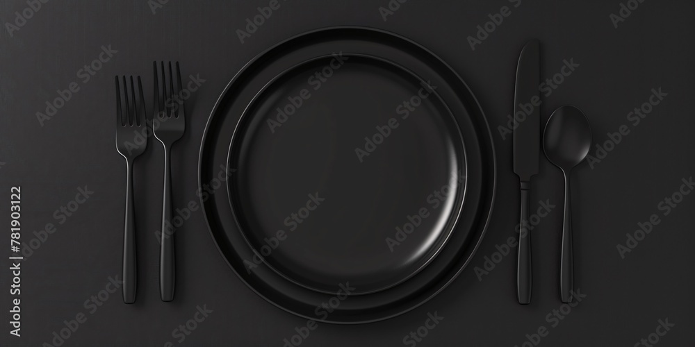A shadowy template featuring a cutlery set and a leaflet on a table, rendered in 3D with a premium black dishware and utensils. A shadowy template featuring a cutlery set and a leaflet on a table, rendered in 3D with a premium black dishware and utensils.