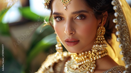 Indian film actress adorned in traditional attire and adorned with a set of gold accessories. photo