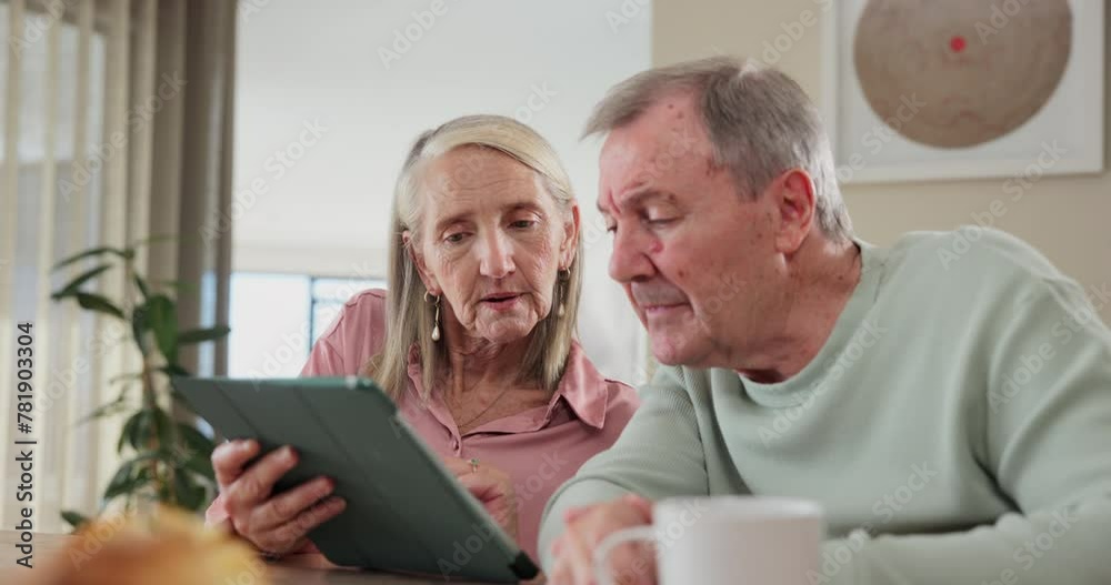 Mature, couple and relax with tablet in home with website for streaming movies or tv show with coffee. Reading, man and woman with tech to scroll online with social media, chat about news in post Mature, couple and relax with tablet in home with website for streaming movies or tv show with coffee. Reading, man and woman with tech to scroll online with social media, chat about news in post