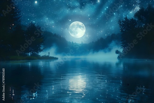 Serene Lake under the Moonlit Symphony. Concept Lakeside Beauty, Moonlit Reflections, Nighttime Tranquility, Nature's Symphony